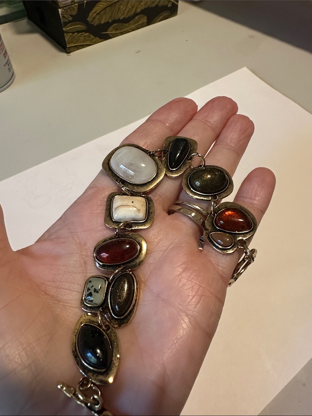 Gold-Tone Multi-Stone Statement Bracelet with White, Black and Red Accents